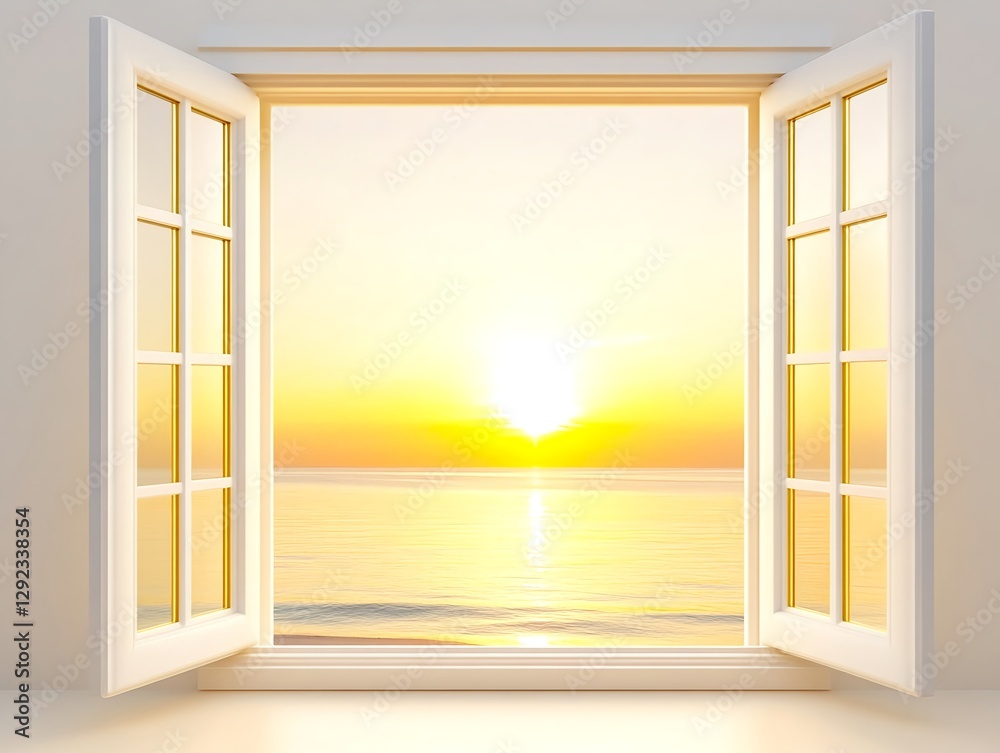 Fototapeta premium A seaside sunset from an open window offers a relaxed and timeless view