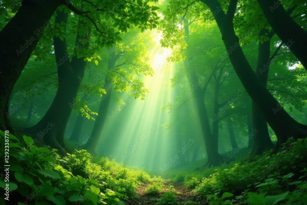 Obraz premium Deep emerald canopy, sunlight filtering through , sunlight, spring, lush