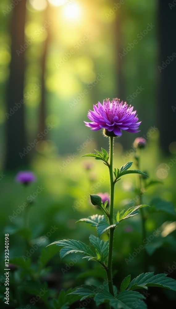 Obraz premium Dark purple knapweed blooms cluster in sun-dappled forest , Centaurea nigra, bloom, field