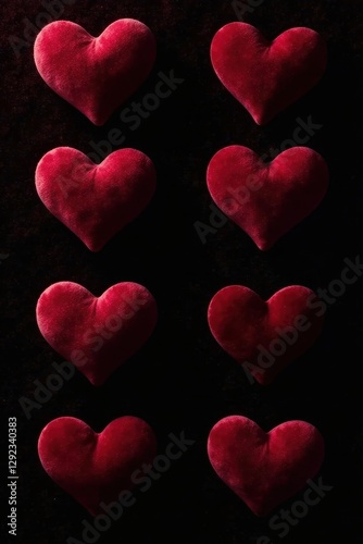 Dark burgundy hearts on a black velvet background, night, design photo