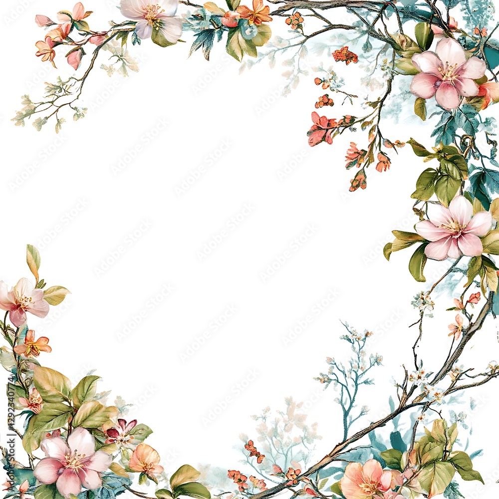 Photo art with overlays of tree branches and flowers, perfect for summer and spring, set in a painted frame. Photo art with overlays of tree branches and flowers, perfect for summer and spring, set in a painted frame.