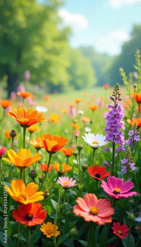 Sun-drenched flower meadow, diverse blooms in full array , colorful petals, vibrant colors, nature