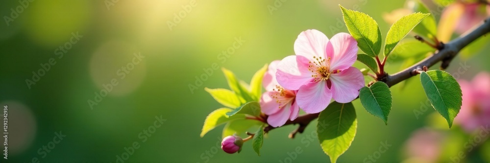 Whimsical cherry plum branch with delicate pink petals and lush green foliage amidst soft, warm lighting, greenery, blossoms Whimsical cherry plum branch with delicate pink petals and lush green foliage amidst soft, warm lighting, greenery, blossoms
