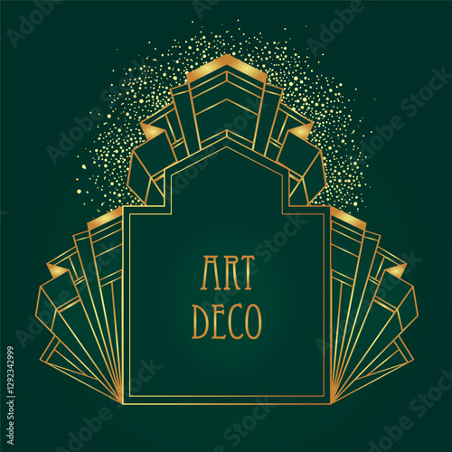 Art Deco vintage gold patterns over dark green, frames and design elements. Retro party geometric background set (1920's style). Vector illustration for glamour party, thematic wedding or textile