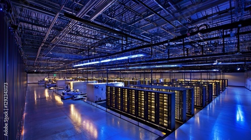Server room, night, data center, illuminated.  Possible use Stock photo
