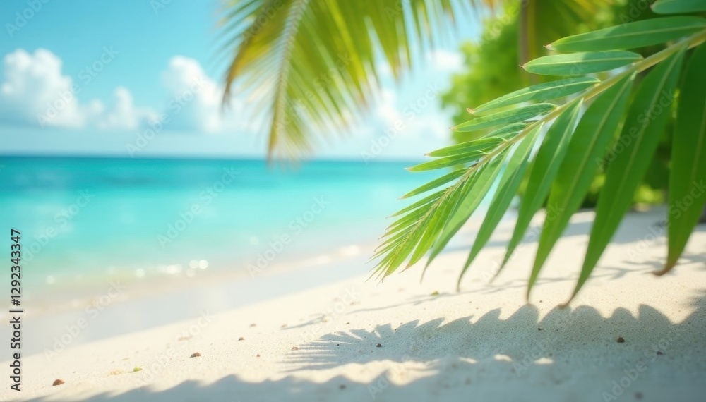 Fototapeta premium Crisp coconut leaf shadow on pristine beach, ocean bokeh, details, travel
