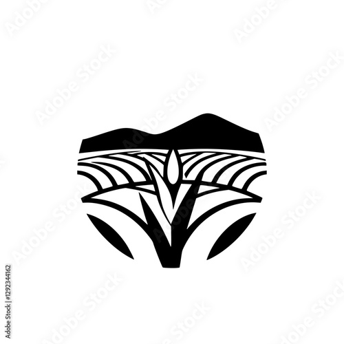 Agave field with cultivated fields, stylized landscape, and mountains.