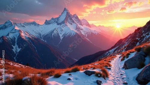 Sunrise over snow-capped Tatra mountain range, hiking trail visible, landscape, poland