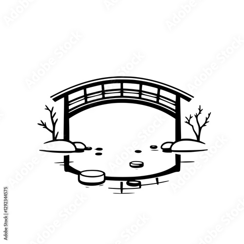 Minimalist Sketch: A Black and white illustration of a bridge spanning across a pond with trees.