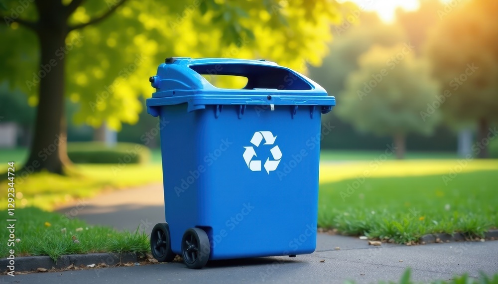 Blue and white recycling bin outdoors, sunny day, waste disposal, bright, recycling Blue and white recycling bin outdoors, sunny day, waste disposal, bright, recycling