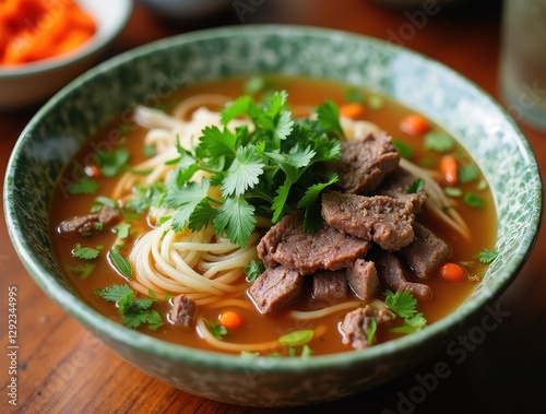 Vietnamese pho soup with aromatic broth, rice noodles, and thinly sliced beef