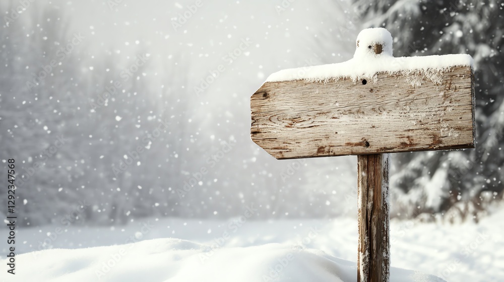 Naklejka premium A rustic wooden sign post stands in a snowy landscape, surrounded by falling snowflakes, creating a serene winter scene.