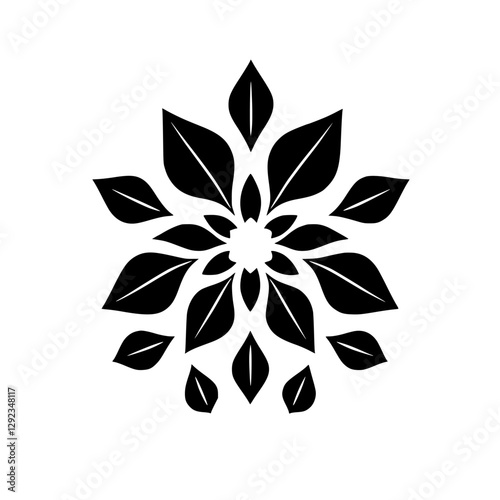 Symmetrical Floral Silhouette: Black and white graphical depiction of a symmetrical pattern, showing abstract leaves.
