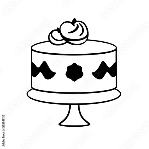 Black-line illustration of a round cake, topped with two peaches, placed on a pedestal cake stand.