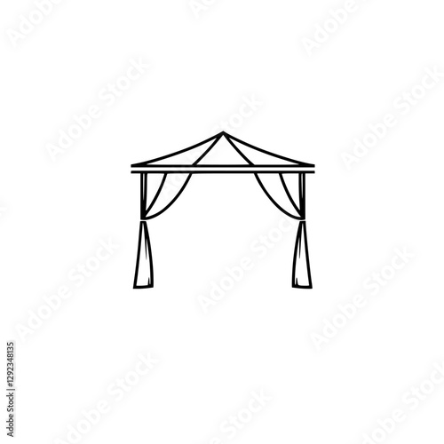Minimalist line drawing of a gazebo with curtains, isolated on white, illustrating a simple structure.