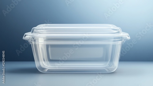 A transparent food storage container with a secure lid, set against a subtle blue background, emphasizing functionality and simplicity.