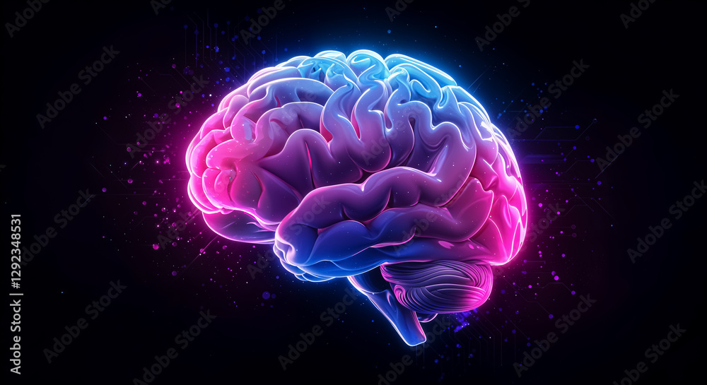 Neon Brain Artificial Intelligence, Futuristic Digital Technology, 3D Brain Data Analysis Neon Brain Artificial Intelligence, Futuristic Digital Technology, 3D Brain Data Analysis