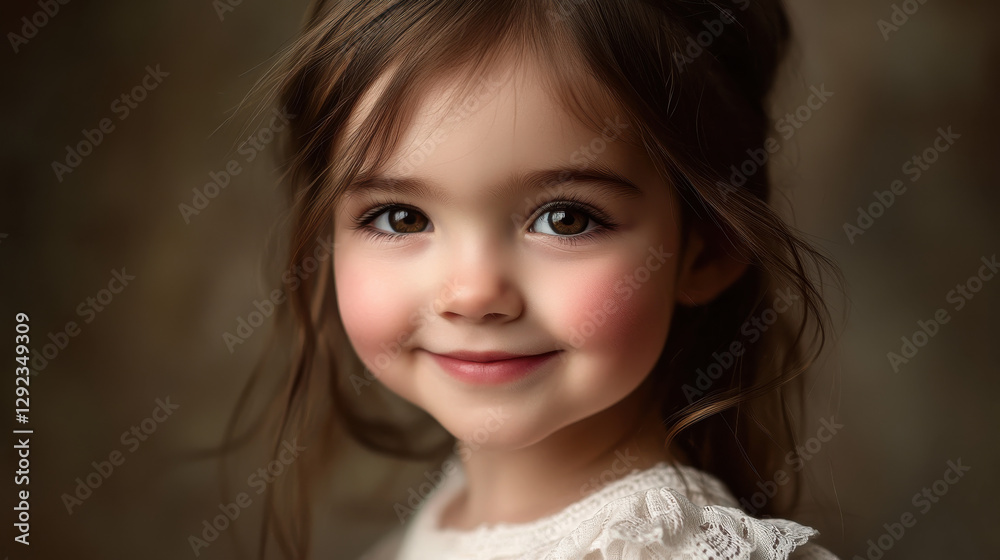 a close-up portrait of a young girl with deep chestnut brown hair, wearing a delicate white top, smiling softly a close-up portrait of a young girl with deep chestnut brown hair, wearing a delicate white top, smiling softly