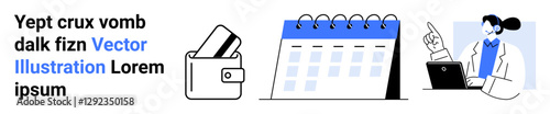 Wallet with credit card, calendar with blue header, pointing figure in white coat at laptop. Ideal for financial management, scheduling, professional advice, time management, planning, consultancy