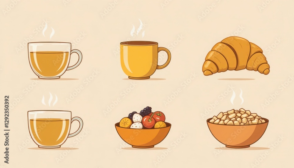 Illustrative Breakfast Scene with Hot Drink, Pastry, Cereal and Fruit Illustrative Breakfast Scene with Hot Drink, Pastry, Cereal and Fruit