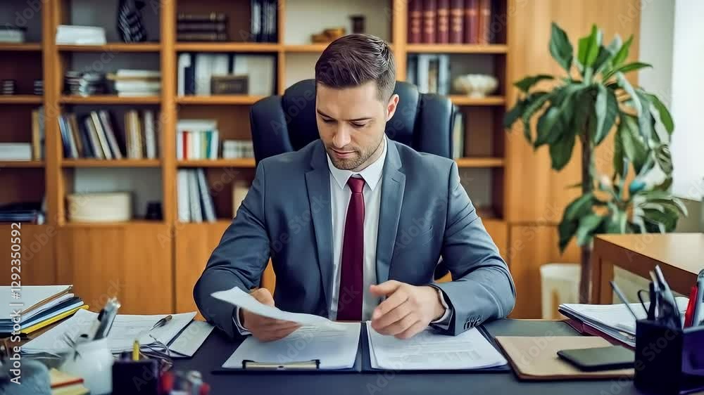 Businessman in a suit reviewing documents at his desk in a traditional office setting Businessman in a suit reviewing documents at his desk in a traditional office setting