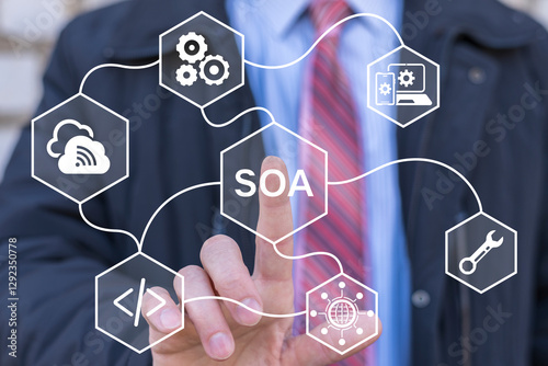 SOA Service Oriented Architecture Business Technology Concept. Business person using virtual touch screen push text: SOA.