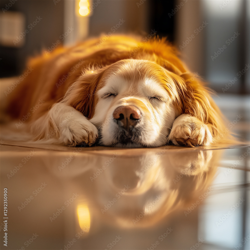 A golden retriever dog sleeping peacefully on a soft surface, exuding warmth and comfort. This image captures the serenity of a pet's rest. A golden retriever dog sleeping peacefully on a soft surface, exuding warmth and comfort. This image captures the serenity of a pet's rest.