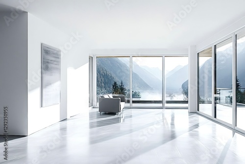 Modern minimalist living room overlooking scenic mountain view