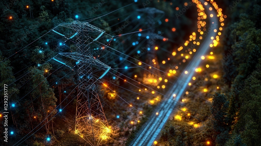 Fototapeta premium Illuminated Power Lines Through Forest at Night