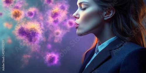 Virus Infection and Woman in Business Suit Exhaling Particles in Surreal Style photo