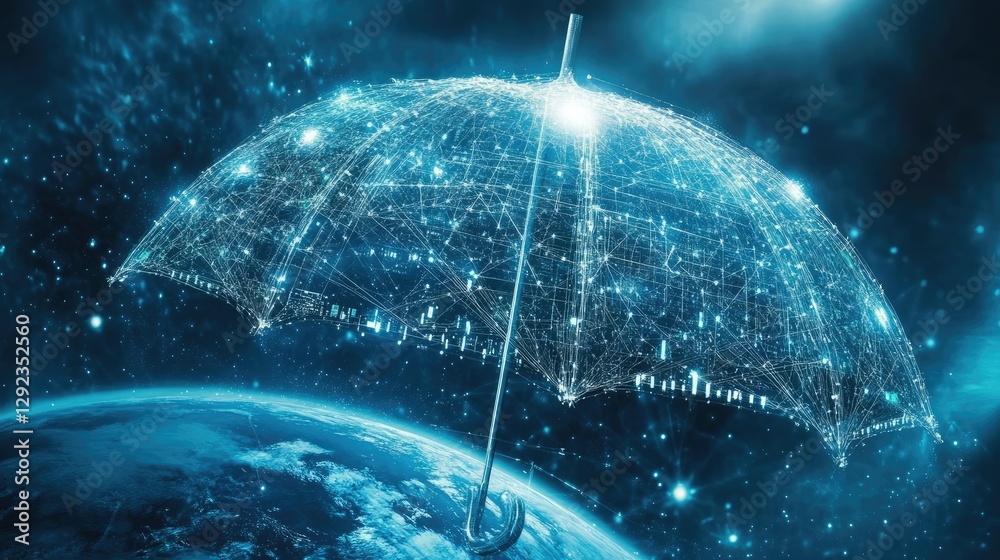 Obraz premium An umbrella made of interconnected AI-driven security systems spreading over the planet, symbolizing digital transformation.