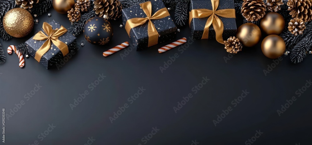 Naklejka premium Christmas Gift Decoration with Golden Ribbons and Ornaments in Black and Gold for Holiday Background