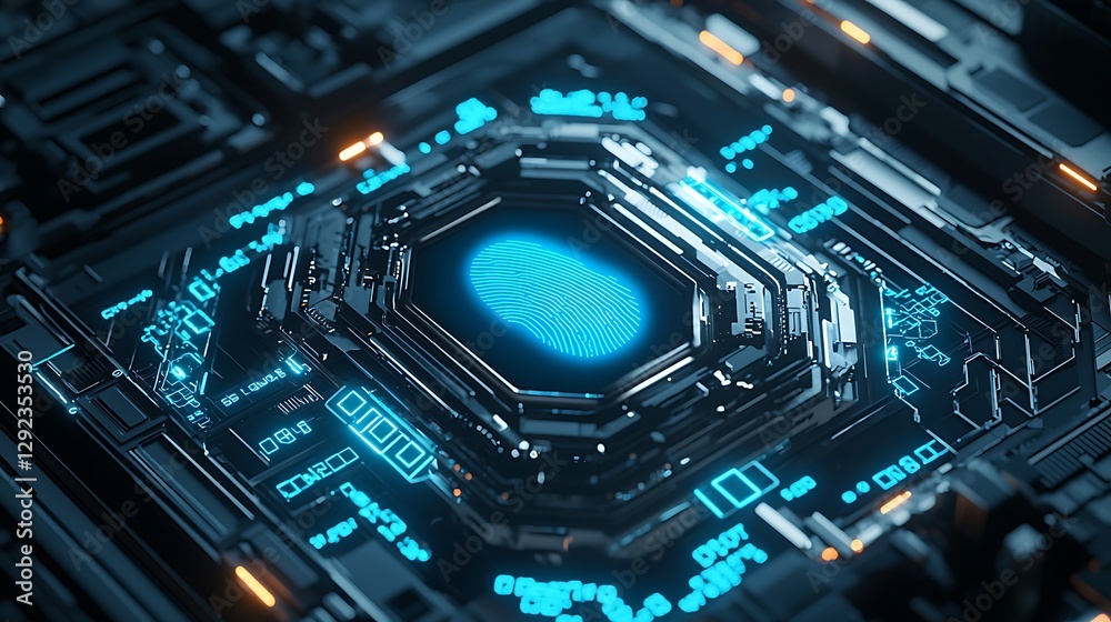 A a modern fingerprint scanner glowing blue on a futuristic device surrounded by encrypted graphics. A a modern fingerprint scanner glowing blue on a futuristic device surrounded by encrypted graphics.