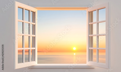 A seaside sunset from an open window offers a relaxed and timeless view