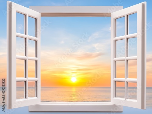 A seaside sunset from an open window offers a relaxed and timeless view