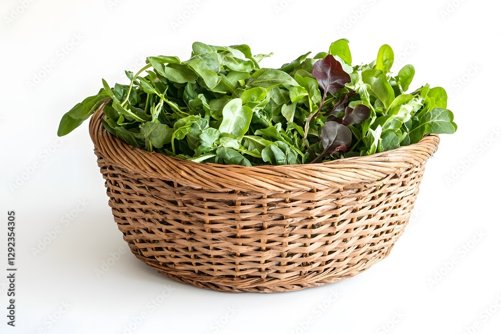 Fresh green leafy greens are contained within a woven basket Fresh green leafy greens are contained within a woven basket