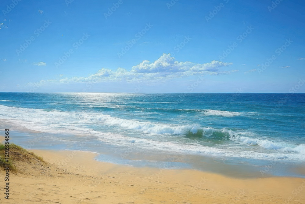 Tranquil Beach Landscape with Gentle Waves and Golden Sands under Clear Blue Sky Tranquil Beach Landscape with Gentle Waves and Golden Sands under Clear Blue Sky