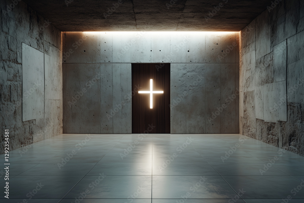 Obraz premium Minimalist interior design featuring illuminated cross in a modern concrete space