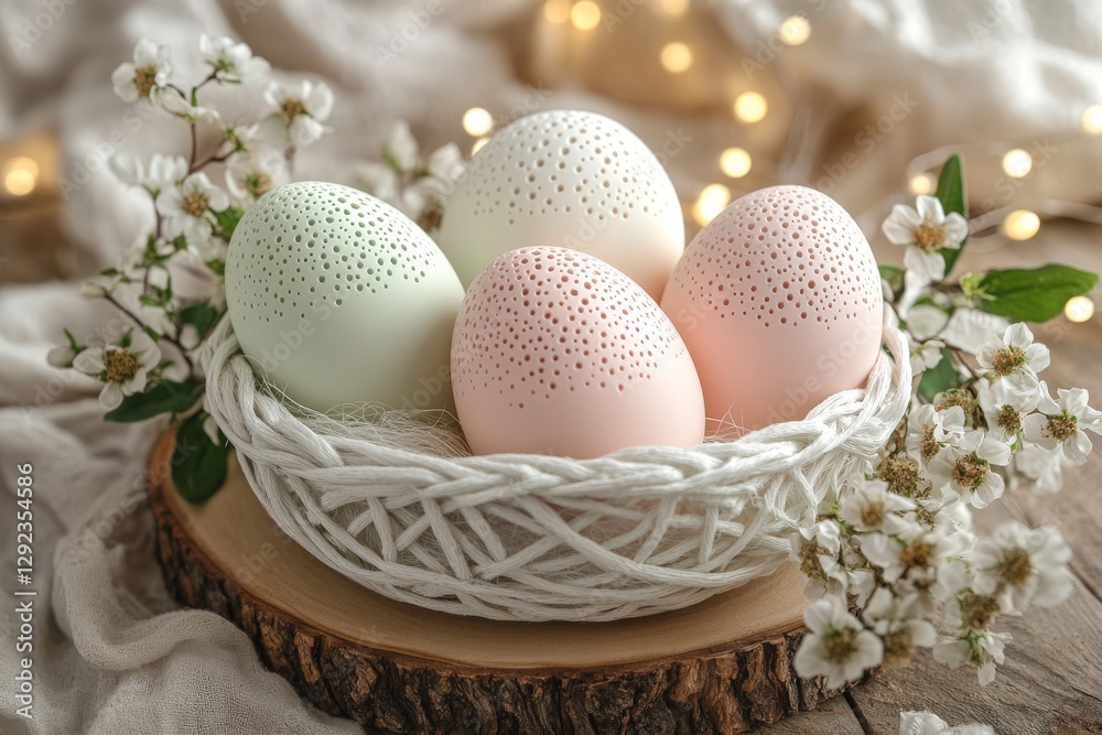 Decorative pastel eggs arranged in a rustic basket with flowers and soft lights during springtime celebration Decorative pastel eggs arranged in a rustic basket with flowers and soft lights during springtime celebration