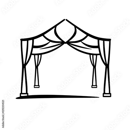 A stylized graphic of a wedding canopy with flowing curtains, in simple black and white, set against a clean white backdrop.