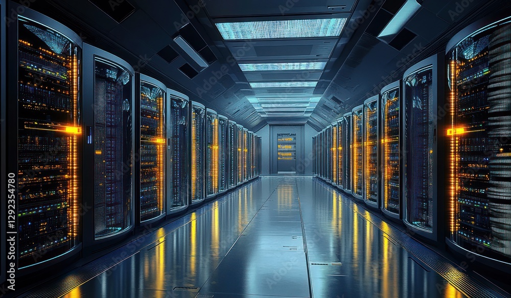 Fototapeta premium Futuristic Cyberpunk Server Room Data Center 3D Rendering with Illuminated Racks and Reflective Floors