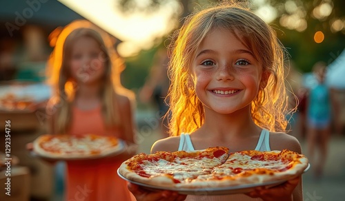 Girls Celebrating Summer with Friends and Family Outdoors Enjoying Pizza Party Fun