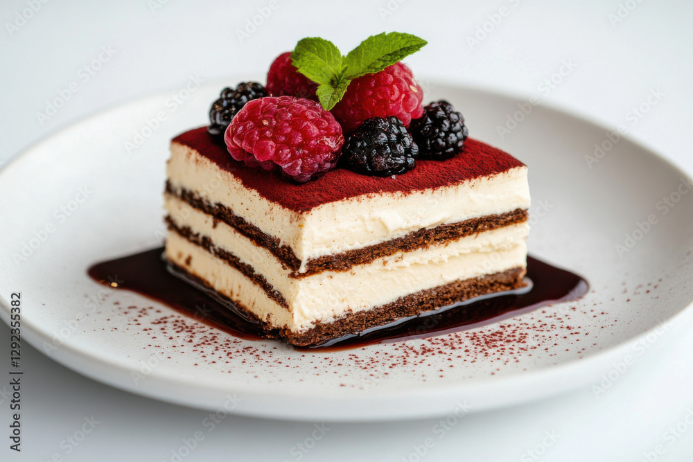 A slice of cake with raspberries and blackberries on top A slice of cake with raspberries and blackberries on top
