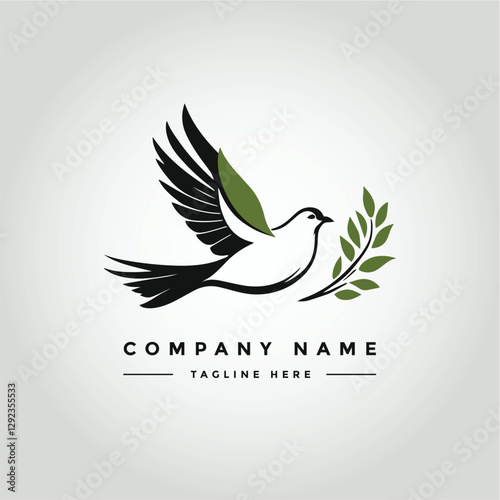 Peace Dove Logo Design with Olive Branch, Flying Bird Symbol, Vector Art