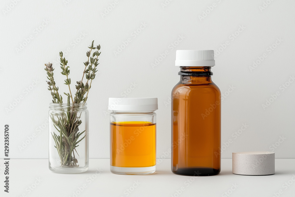Essential oils and dried herbs displayed on a clean surface in a minimalist setting Essential oils and dried herbs displayed on a clean surface in a minimalist setting