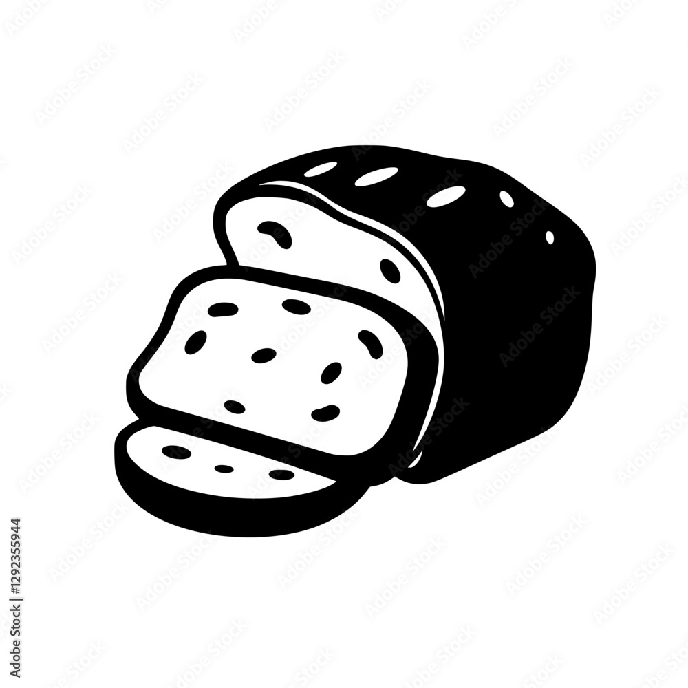 Black and white bread loaf icon with a cut loaf and two slices. Black and white bread loaf icon with a cut loaf and two slices.