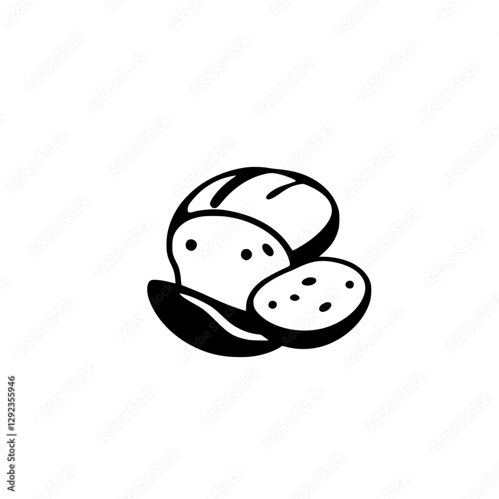 Black and white illustrative depiction of bread, with a loaf of bread and a slice. Black and white illustrative depiction of bread, with a loaf of bread and a slice.