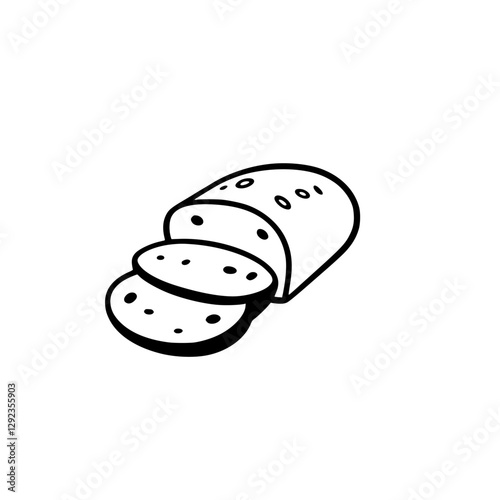 Black and white outline of bread slices showing a loaf cut into pieces, with a white background.