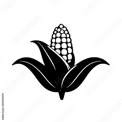 Black and white drawing of a corn cob, set on a white background, with a minimalist aesthetic.