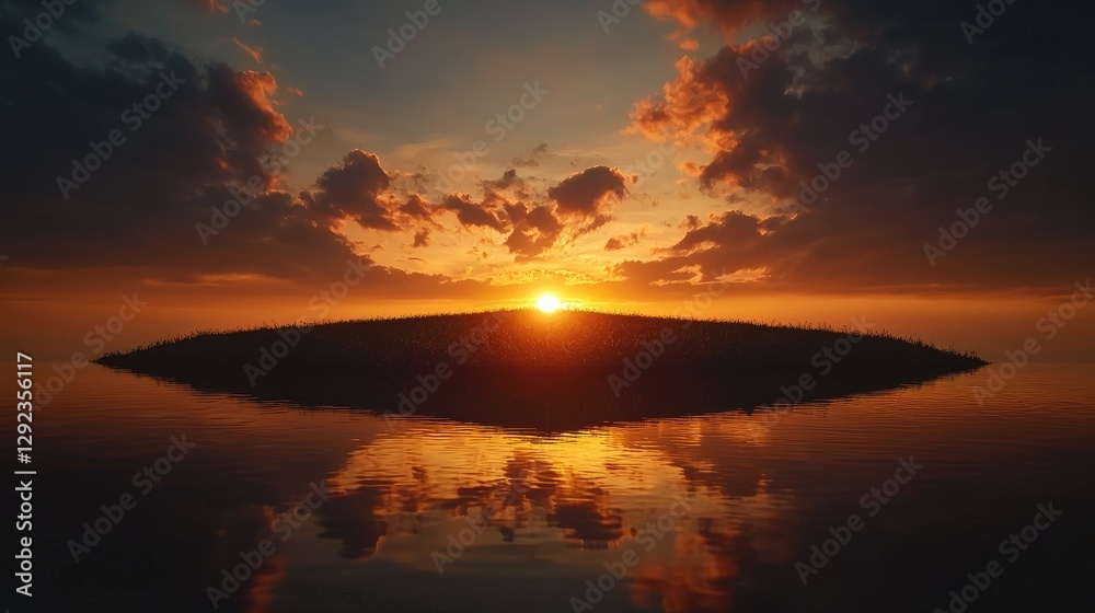 Sunrise over a small island, calm waters reflecting. Possible use Stock photo for travel, nature, or serene backgrounds Sunrise over a small island, calm waters reflecting. Possible use Stock photo for travel, nature, or serene backgrounds